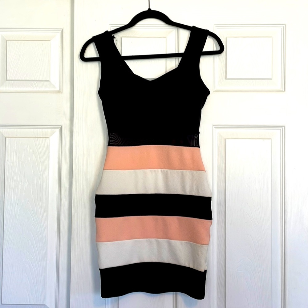 Size small Windsor white pink and black striped fitted mini dress.